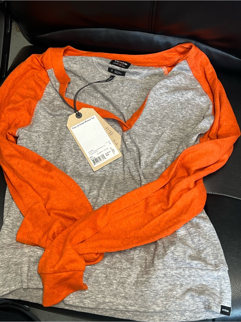 Prana Women’s Orange Sleeve Gray Body V-Neck Raglan Long Sleeve Top